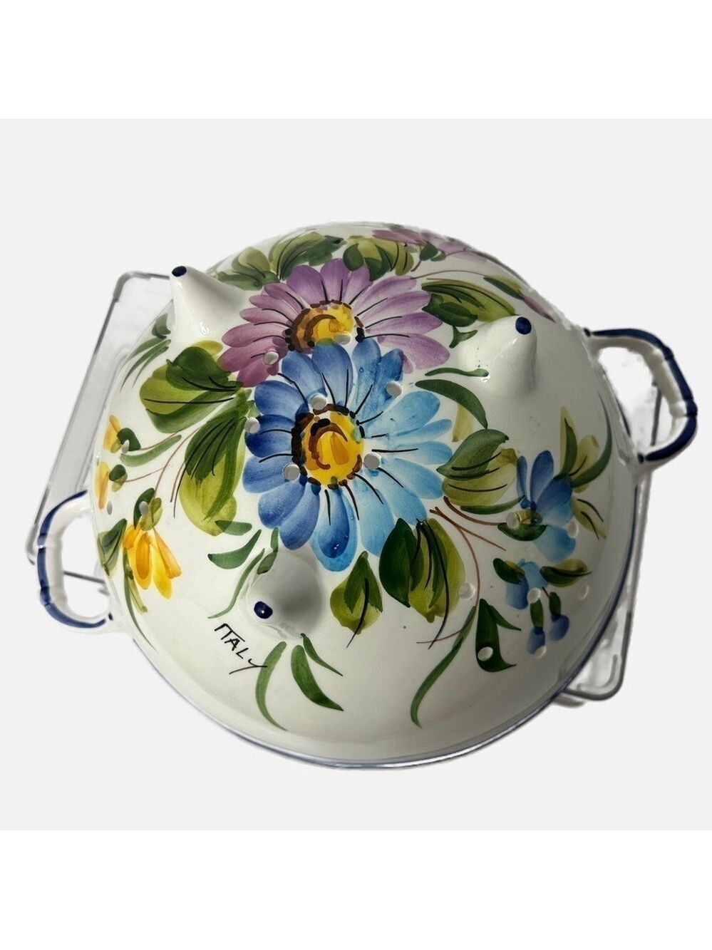 Vintage Ceramic Hand Painted Colander Italy Floral Handles 11x9x4.5 Blue Green